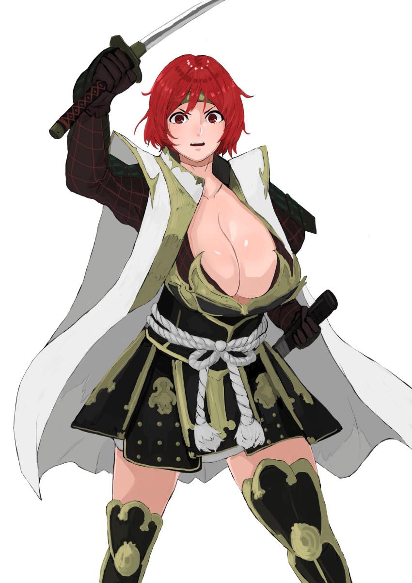 1girl armor black_dress breasts cleavage commentary_request commission cosplay dress headband highres holding holding_sword holding_weapon horikawa_raiko japanese_clothes kataginu katana large_breasts looking_at_viewer nagano_narimasa nagano_narimasa_(cosplay) open_mouth red_eyes red_hair rope samurai solo sword touhou v-shaped_eyebrows weapon yatsu_(yaxtu1029)