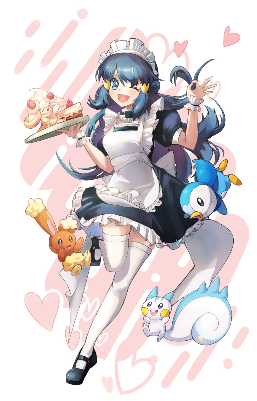 1girl ;d absurdres alcremie alternate_costume apron black_dress black_footwear blue_eyes buneary cake commentary_request dawn_(pokemon) dress enmaided eyelashes food frills hair_ornament hairclip heart highres kuroa_(pixiv_4681345) leg_up long_hair looking_at_viewer maid ok_sign one_eye_closed open_mouth pachirisu piplup pokemon pokemon_(anime) pokemon_dppt_(anime) shoes short_sleeves smile thighhighs tray white_apron white_thighhighs