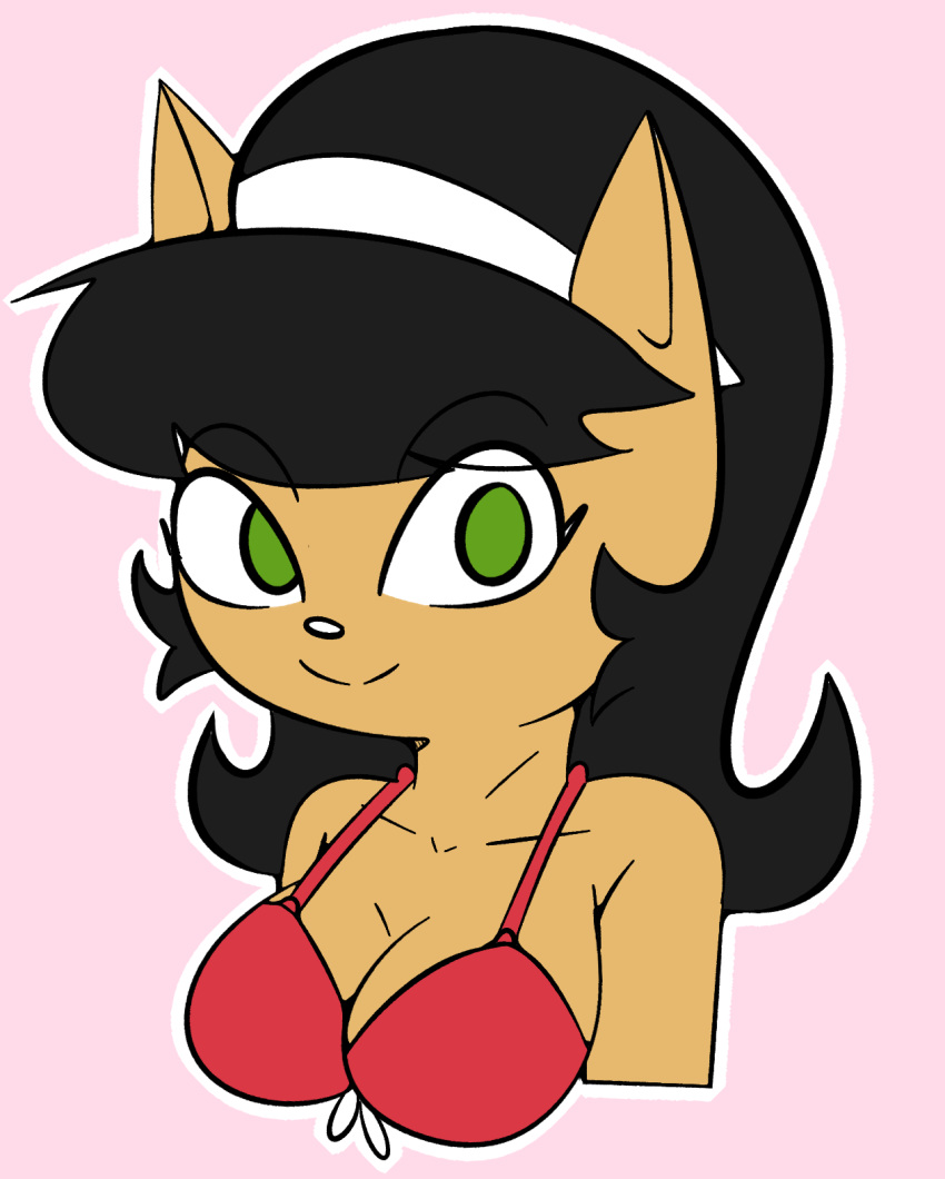 anthro bikini bikini_top black_hair breasts bust_portrait clothed clothing digital_media_(artwork) domestic_cat felid feline felis female fur gold-white-kott green_eyes hair hi_res kitty_katswell looking_at_viewer looking_back mammal medium_breasts nickelodeon portrait red_bikini red_bikini_top red_clothing red_swimwear simple_background smile solo swimwear t.u.f.f._puppy tan_body tan_fur topwear