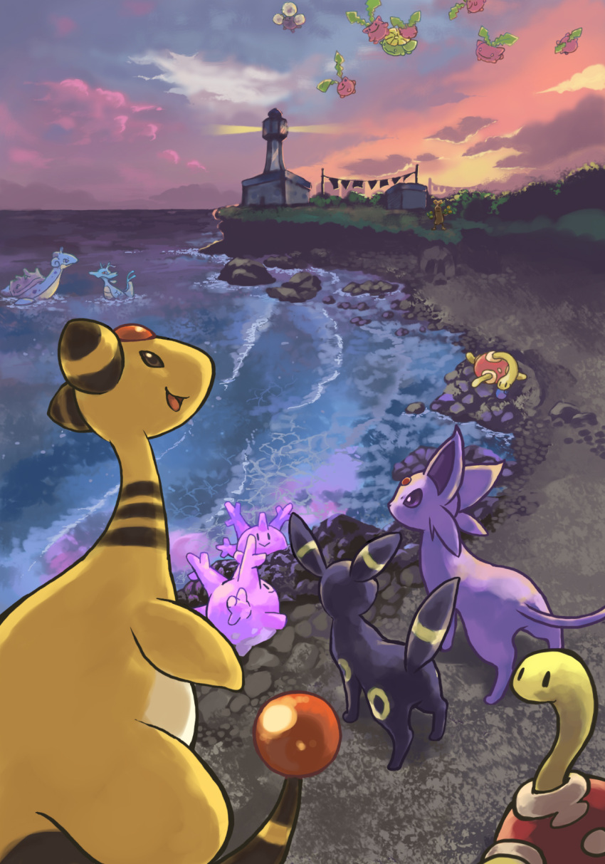 ampharos brown_eyes clothesline corsola creature dusk espeon highres hoppip jumpluff kingdra lapras lighthouse no_humans ocean open_mouth pokemon pokemon_(creature) purple_eyes rock shore shuckle skiploom smile sudowoodo toneko umbreon