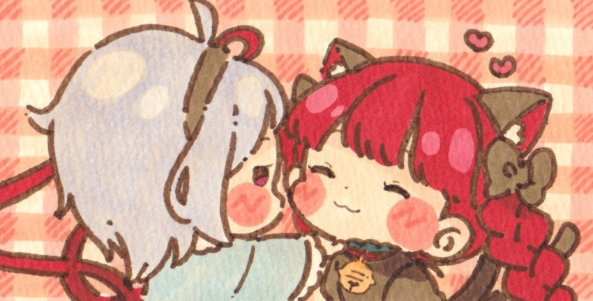 2girls animal_ears black_bow black_hairband blush bow braid cat_ears cat_tail chibi closed_eyes closed_mouth commentary_request extra_ears hair_bow hairband heart kaenbyou_rin komeiji_satori looking_at_viewer multiple_girls multiple_tails nekomata pink_eyes plaid plaid_background red_hair sasa6666s short_hair tail touhou twin_braids two_tails upper_body