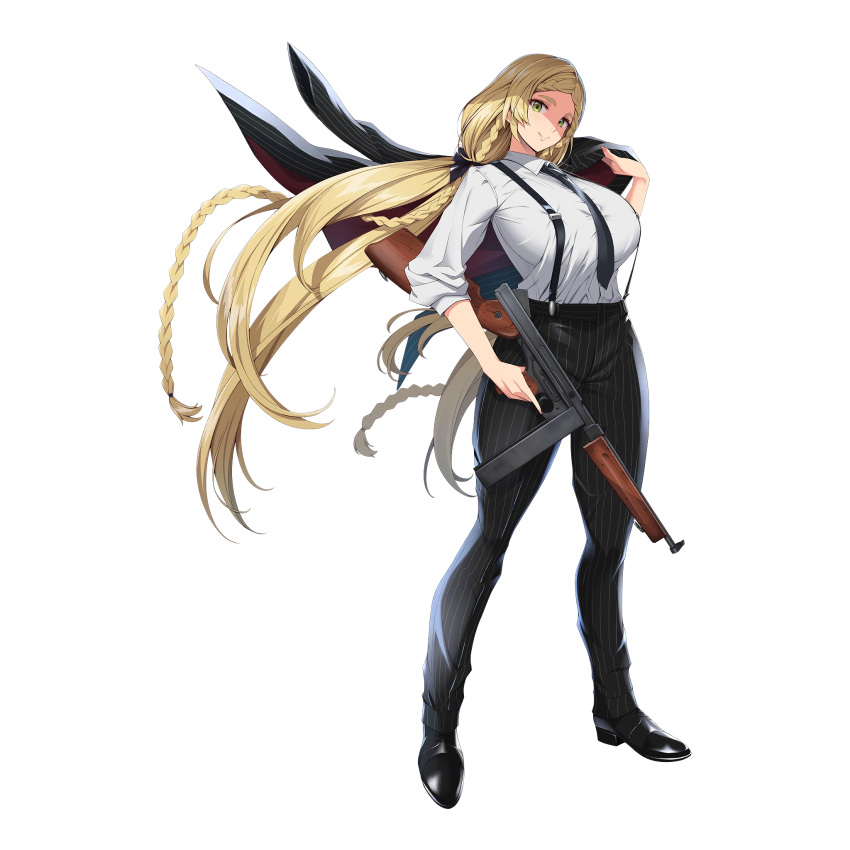 1girl black_bow black_jacket black_necktie black_pants blonde_hair bow braid breasts closed_mouth collared_shirt full_body gangster green_eyes gun hair_bow highres holding holding_clothes holding_gun holding_jacket holding_weapon huge_breasts jacket jacket_removed kloah last_origin legs_apart lips long_hair looking_at_viewer mafia necktie nymph_(last_origin) official_alternate_costume official_art oxfords pants pinstripe_jacket pinstripe_pants pinstripe_pattern shirt simple_background sleeves_rolled_up smile solo standing striped submachine_gun suspenders tachi-e taut_clothes taut_shirt third-party_source thompson_submachine_gun transparent_background weapon white_shirt