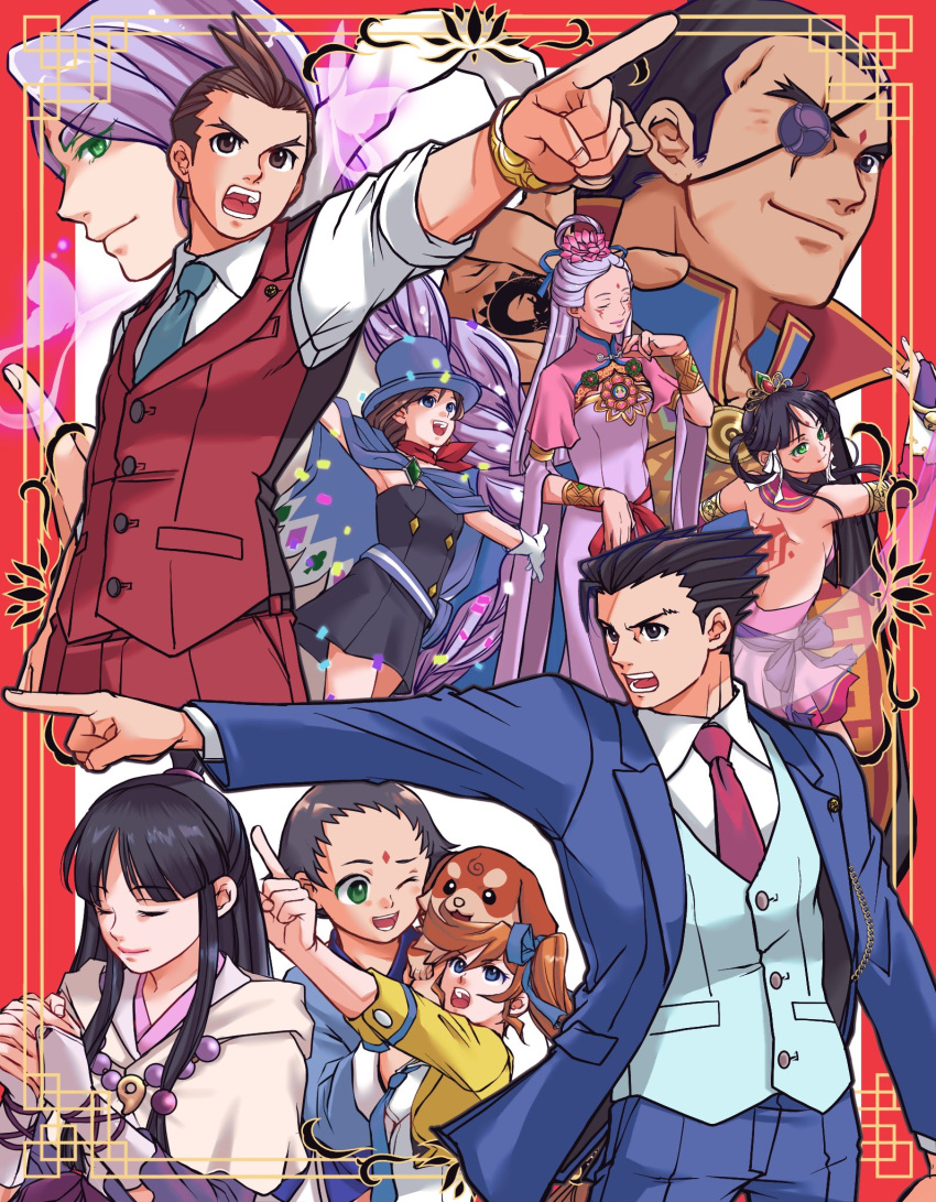 5boys 5girls ace_attorney ahlbi_ur'gaid amara_sigatar_khura'in antenna_hair aqua_necktie athena_cykes back_tattoo backless_dress backless_outfit bead_necklace beads belt belt_pouch black_dress black_eyes black_hair blue_cape blue_eyes blue_jacket blue_necktie blue_pants blue_ribbon blue_suit blue_vest blunt_bangs blunt_ends bracelet bracer braid bridal_gauntlets brooch brown_eyes brown_hair bug butterfly buttons cape capelet closed_eyes closed_mouth collared_shirt confetti cowboy_shot cropped_jacket cropped_legs dark-skinned_male dark_skin detached_sleeves dhurke_sahdmadhi diamond_(shape) dog dress eyepatch facial_mark flower forked_eyebrows green_eyes hair_flower hair_ornament hair_ribbon hair_rings hand_tattoo high_collar highres hood hood_down hooded_capelet jacket japanese_clothes jewelry kimono lapel_chain lapel_pin lapels layered_sleeves long_dress long_hair long_sleeves looking_at_viewer lotus low_tied_sidelocks magatama magatama_necklace maya_fey multiple_boys multiple_girls nahyuta_sahdmadhi necklace necktie orange_hair outstretched_arm outstretched_arms pants parted_bangs phoenix_wright phoenix_wright:_ace_attorney_-_spirit_of_justice pink_capelet pink_dress pink_flower pink_necktie pointing pouch profile purple_hair ragi_(od6fine) rayfa_padma_khura'in red_pants red_ribbon red_scarf red_suit red_vest ribbon scarf shah'do shirt short_dress short_hair short_sleeves side_ponytail sidelocks single_braid single_hair_ring sleeve_cuffs sleeves_past_elbows sleeves_rolled_up smile spade_(shape) spiked_hair straight_hair suit suit_jacket swept_bangs tattoo thick_eyebrows three-piece_suit tiara topknot trucy_wright very_long_hair vest waist_ribbon waistcoat white_bridal_gauntlets white_capelet white_ribbon white_shirt wrist_ribbon yellow_jacket