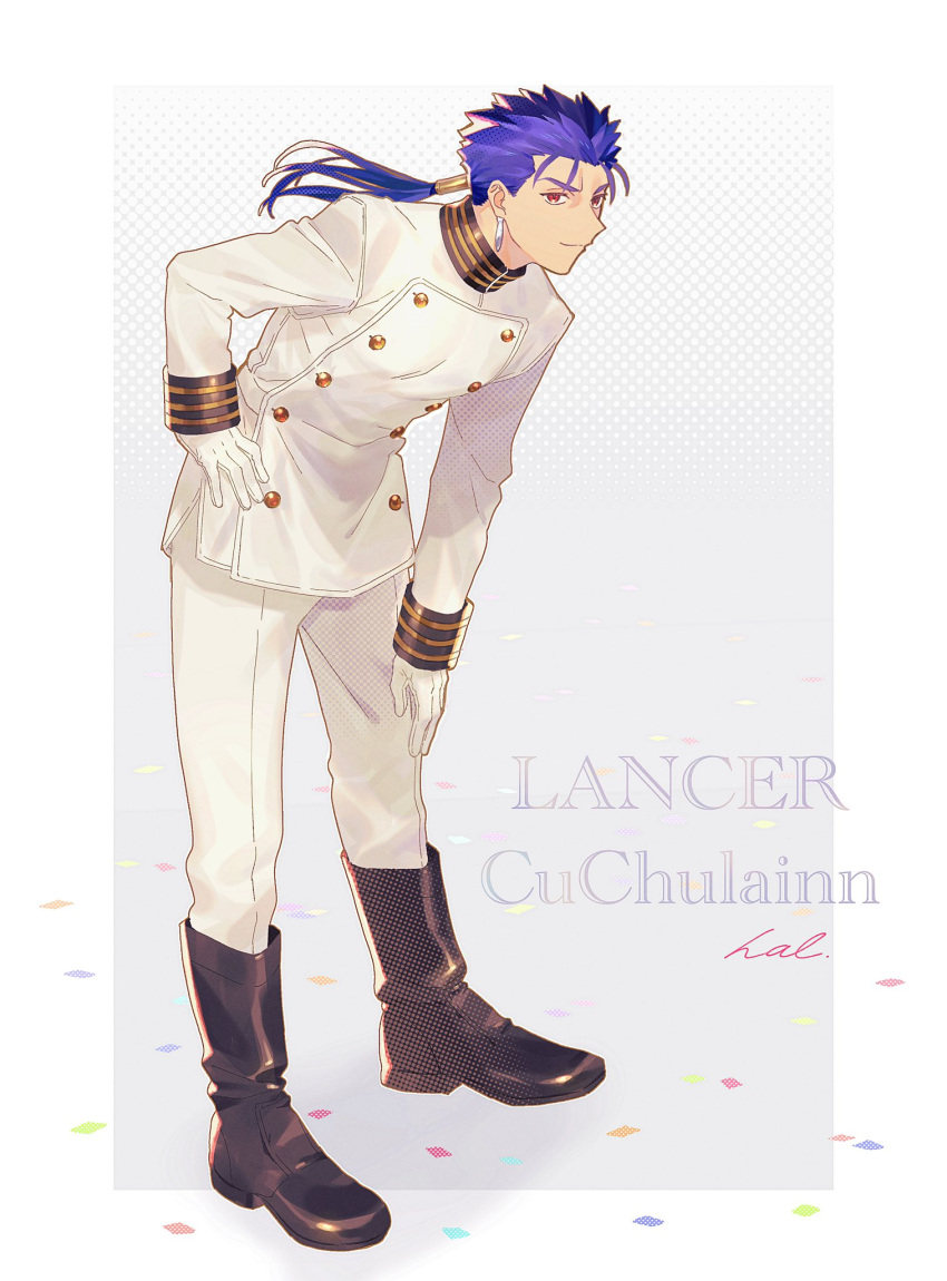 1boy alternate_costume beads bent_over black_footwear blue_hair boots buttons character_name closed_mouth cu_chulainn_(fate) earrings fate_(series) floating_hair full_body grin hair_beads hair_ornament hal_(haaaalhal) hand_on_own_knee highres jacket jewelry long_hair male_focus pants ponytail red_eyes signature smile solo spiked_hair white_jacket white_pants wrist_cuffs