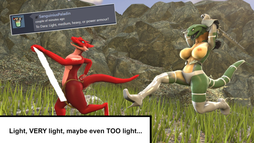 16:9 3d_(artwork) anthro armor ask_blog assisted_exposure big_breasts boots bottomwear breasts chasing clothing dara_(kasdaq) digital_media_(artwork) duo english_text female footwear furgonomics high_heeled_boots high_heels kasdaq kobold legband legwear loincloth male melee_weapon nipples non-mammal_breasts reptile scalie snake snake_(petruz) source_filmmaker sword tail text thigh_highs unconvincing_armor weapon widescreen