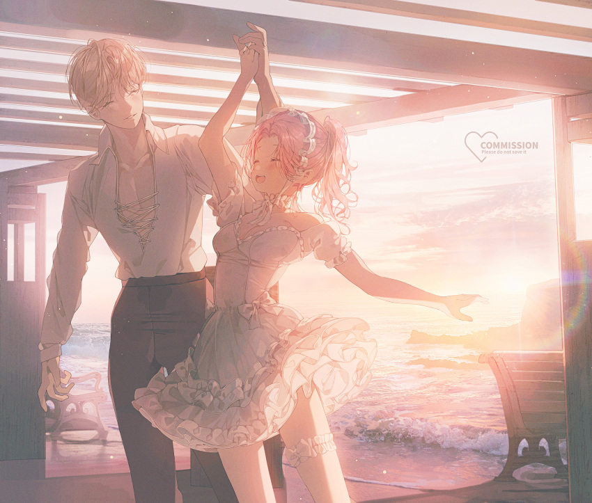 1boy 1girl :d beach bench black_pants blonde_hair blush bonnet breasts canopy_(shelter) cleavage closed_eyes cloud cloudy_sky collared_shirt commentary commission cross-laced_clothes cross-laced_top dancing dress evening facing_another feet_out_of_frame forehead frilled_dress frills hetero highres holding_hands horizon lens_flare long_hair long_sleeves medium_breasts ocean open_clothes open_mouth open_shirt orange_sky original outdoors outstretched_arm pants parted_bangs patch_oxxo patio pink_hair shirt shirt_tucked_in shore short_dress short_hair short_twintails sky smile sunset symbol-only_commentary teeth thigh_garter twintails upper_teeth_only watermark white_dress white_headwear white_shirt