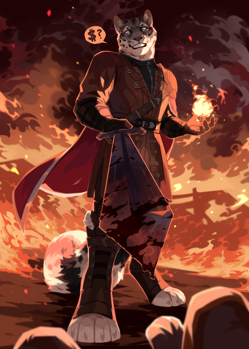 absurd_res ambiguous_gender ambiguous_pov anthro black_spots blood blue_eyes bodily_fluids brown_clothing clothed clothing corzh77 duo facial_spots felid fire first_person_view front_view fur grey_body grey_fur grin hi_res holding_object holding_sword holding_weapon looking_at_viewer magic_user male mammal melee_weapon red_cape smile solo_focus speech_bubble spots spotted_face spotted_neck sword teeth weapon whiskers white_body white_fur