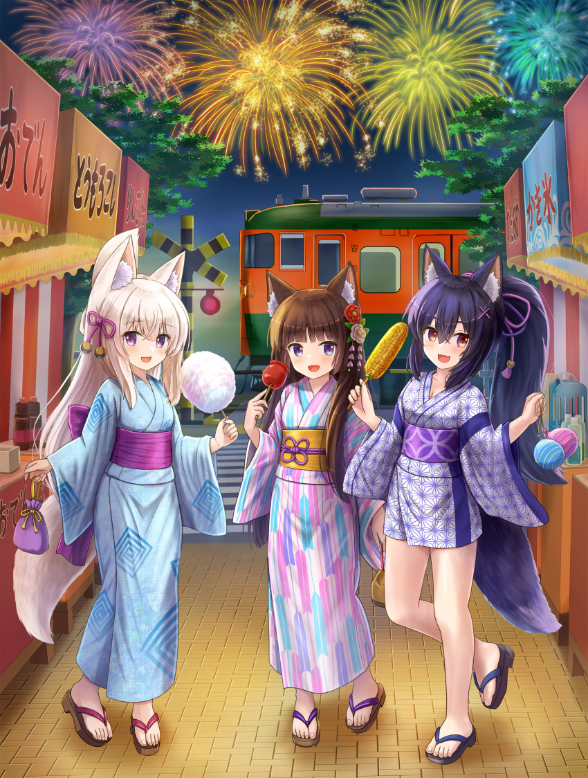 3girls :d absurdres aerial_fireworks animal_ears black_footwear black_hair blue_eyes blue_kimono blush brown_eyes brown_footwear brown_hair candy_apple cat_ears corn cotton_candy fang fireworks flower folded_ponytail food fox_ears fox_girl fox_tail hair_between_eyes hair_flower hair_ornament hairclip highres holding holding_food iroha_(iroha_matsurika) japanese_clothes kimono kinchaku koyoi_(iroha_(iroha_matsurika)) kunoichi-chan_(iroha_(iroha_matsurika)) light_brown_hair market_stall multiple_girls mutsuki_(iroha_(iroha_matsurika)) night night_sky obi original outdoors pouch print_kimono purple_eyes railroad_crossing railroad_tracks red_flower sash short_kimono sky smile standing standing_on_one_leg tail train water_yoyo white_flower white_kimono wolf_ears wolf_girl wolf_tail x_hair_ornament yagasuri yukata zouri