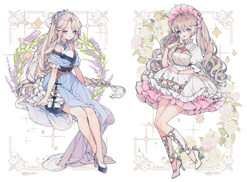 2girls :d ankle_cuffs blonde_hair blue_dress blue_eyes braid collar dress embroidery fashion flower frilled_collar frilled_dress frills full_body girdle green_eyes hair_flower hair_ornament headdress high_heels lavender_(flower) lemon89h long_hair looking_at_viewer multiple_girls off-shoulder_dress off_shoulder original parted_bangs pink_headwear platform_footwear platform_heels puffy_sleeves rose shirt single_braid sitting smile swept_bangs twintails very_long_hair white_dress white_flower white_rose white_shirt wristband yellow_flower yellow_rose