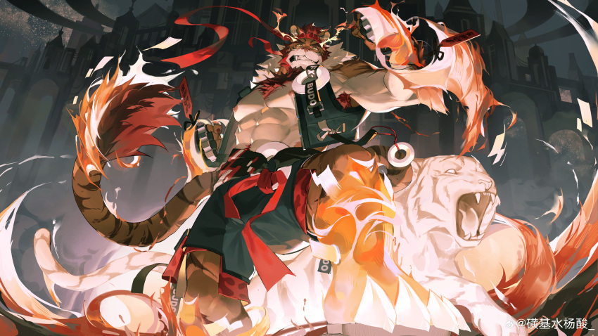1boy abs absurdres armpit_hair armpit_peek bara feet_out_of_frame fiery_tail fire from_below furry furry_male highres huang_ji_shui_yang_suan large_pectorals looking_at_viewer male_focus muscular muscular_male nipples original pectorals pyrokinesis short_hair solo spirit stomach tail tiger tiger_boy