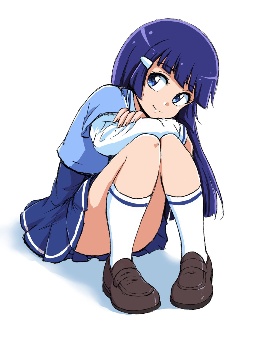 1girl aoki_reika blue_eyes blue_hair blush brown_footwear hair_ornament hairclip highres long_hair nanairogaoka_middle_school_uniform precure school_uniform shadow shirt_over_dress simple_background sitting smile smile_precure! socks solo two-tone_dress uraki white_background white_socks