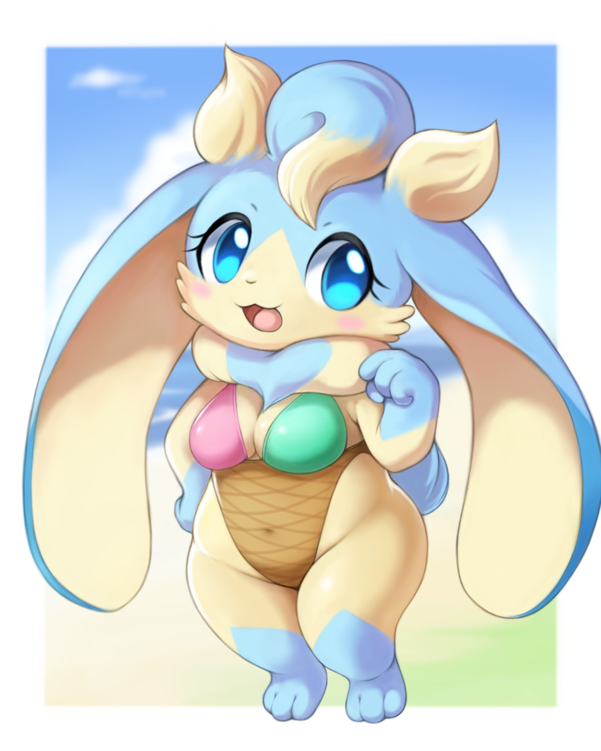 2023 anthro beach blue_body blue_eyes blue_fur blush breasts chibi cleavage clothed clothing cloud dewlap_(anatomy) digital_media_(artwork) female floppy_ears fur hi_res kemono lagomorph leporid long_ears looking_at_viewer lop_ears mammal multicolored_body multicolored_fur one-piece_swimsuit open_mouth open_smile overweight overweight_female rabbit ryuma210 seaside short short_stack simple_background sky smile sofu_(pyritie) solo swimwear swirl tan_body tan_fur thick_thighs tuft two_tone_body two_tone_fur