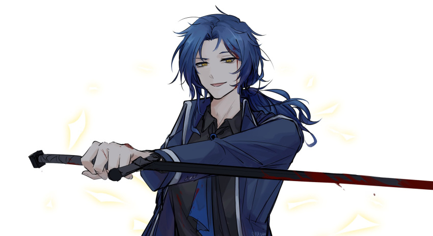 1boy ascot black_shirt blood blood_on_weapon blue_ascot blue_coat blue_hair chesed_(project_moon) coat collared_coat collared_shirt highres holding holding_sword holding_weapon library_of_ruina long_hair long_sleeves low_ponytail male_focus parted_lips project_moon ruiieru shirt simple_background smile solo sword upper_body weapon white_background yellow_eyes