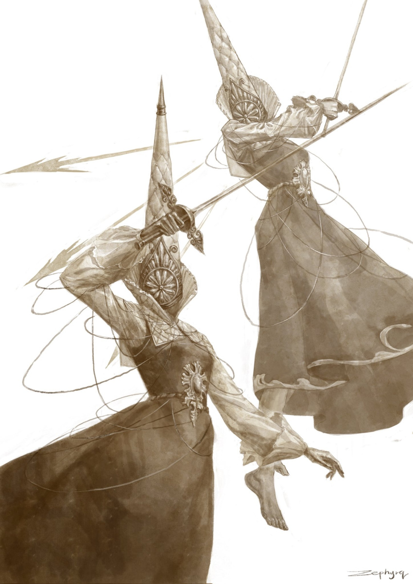 arm_up artist_name blasphemous_2 dress facing_down facing_viewer gender_request gloves helmet highres holding holding_sword holding_weapon long_sleeves multiple_views sepia simple_background sword weapon white_background zephyrq