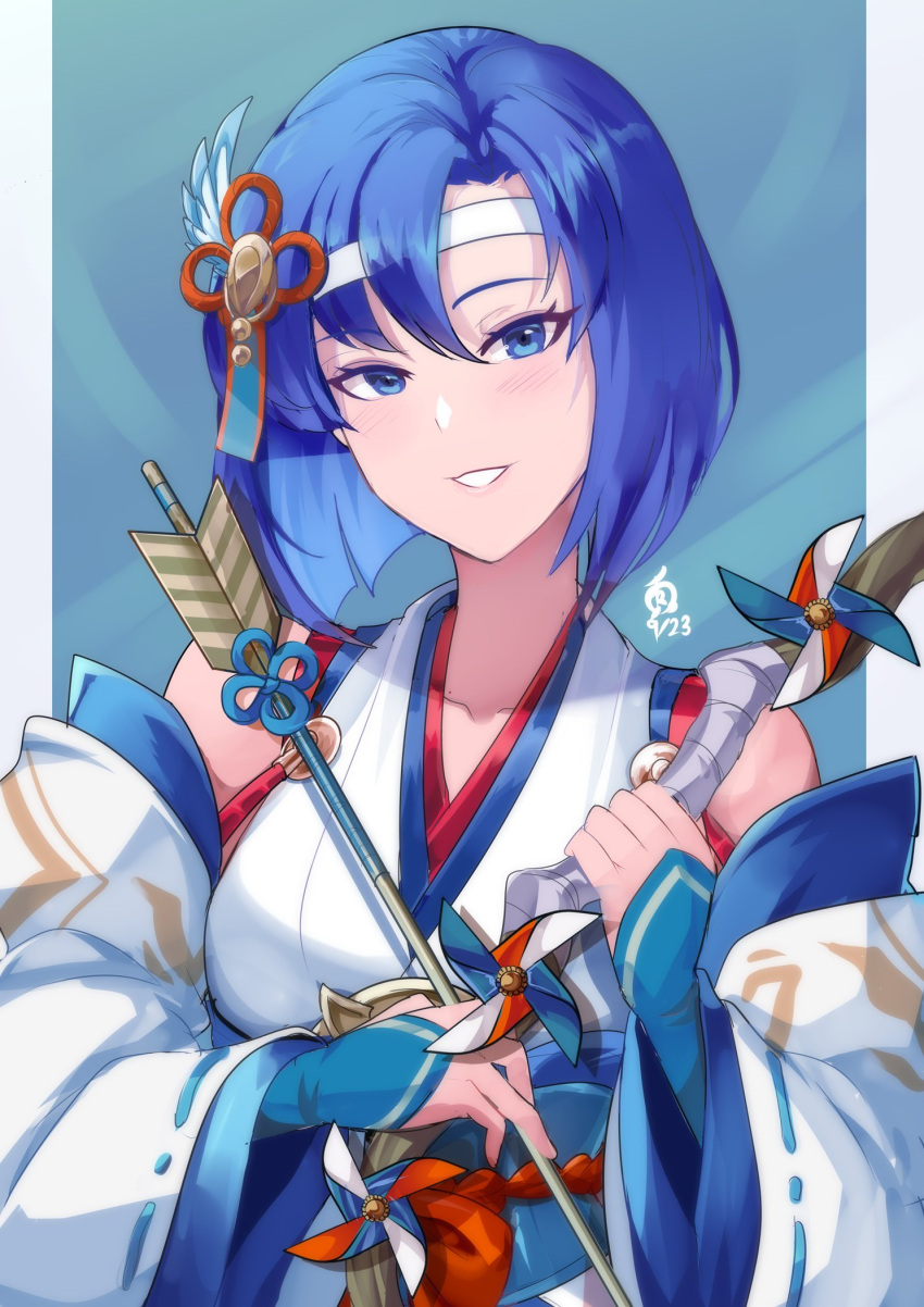 1girl arrow_(projectile) blue_background blue_eyes blue_hair bow_(weapon) breasts catria_(fire_emblem) catria_(winds_offered)_(fire_emblem) detached_sleeves feather_hair_ornament feathers fire_emblem fire_emblem:_mystery_of_the_emblem fire_emblem:_shadow_dragon_and_the_blade_of_light fire_emblem_heroes grin hair_ornament headband highres japanese_clothes long_sleeves looking_at_viewer medium_breasts official_alternate_costume revolverwing short_hair smile solo upper_body weapon wide_sleeves