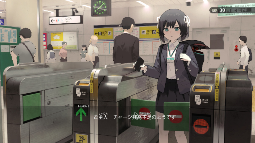backpack bag black_hair ceiling_light clock drone fake_screenshot fare_gate hair_ribbon holding_strap in_bag in_container lost_property_control_organization_(samidare) money name_tag protagonist_(lost_property_control_organization) ribbon samidare_(hoshi) school_uniform sign subtitled subway subway_station t-6407j_(samidare) ticket_machine train_station translated tunnel white_ribbon yen