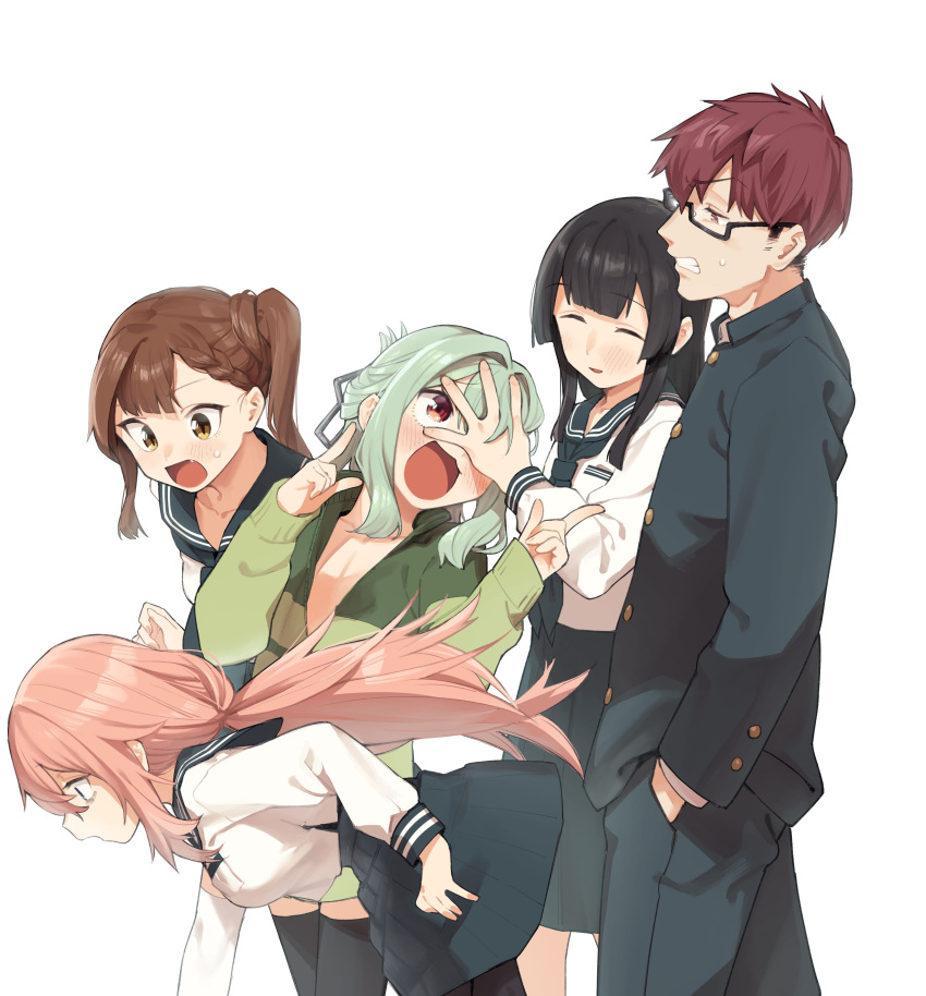 1boy 4girls absurdres annoyed bags_under_eyes black_hair black_shirt black_thighhighs blue_sailor_collar brown_eyes brown_hair clenched_teeth closed_eyes falling frown glasses green_hair green_jacket highres jacket komaro-chan kotobuki_hisako long_sleeves mizunoe_ume muchi_maro multiple_girls open_mouth otori-tan pants pink_hair rectangular_eyewear sailor_collar seitokai_nimo_anawa_aru! semi-rimless_eyewear shirt simple_background skirt surprised sweatdrop teeth terui_arisu thighhighs walking white_background white_shirt