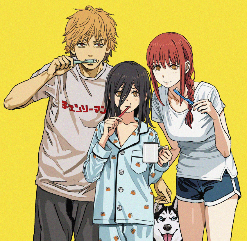 1boy 2girls alternate_costume black_footwear black_hair blonde_hair blush braid braided_ponytail breasts brushing_teeth chainsaw_man collarbone commentary cup denji_(chainsaw_man) dog dolphin_shorts english_commentary hair_between_eyes highres holding holding_cup holding_toothbrush long_bangs looking_at_viewer makima_(chainsaw_man) medium_breasts mole mole_under_eye multiple_girls nayuta_(chainsaw_man) orange_hair pajamas print_pajamas ringed_eyes shiren_(ourboy83) shirt shorts simple_background toothbrush white_shirt yellow_background yellow_eyes