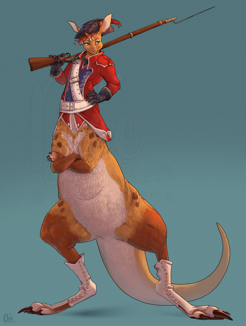 2023 bottomless bottomless_taur claws clothed clothing countershade_torso countershading crossed_arms deesketchs digital_media_(artwork) digital_painting_(artwork) female footwear fur gloves gloves_(marking) green_background gun gun_on_shoulder hand_on_hip handwear hi_res holding_gun holding_musket holding_object holding_weapon kangaroo kangaroo_taur macropod macropod_taur mammal mammal_taur markings marsupial marsupial_taur military_uniform musket orange_body orange_fur pouch_(anatomy) ranged_weapon red_coat_(military_uniform) simple_background solo taur uniform watermark weapon white_clothing white_footwear