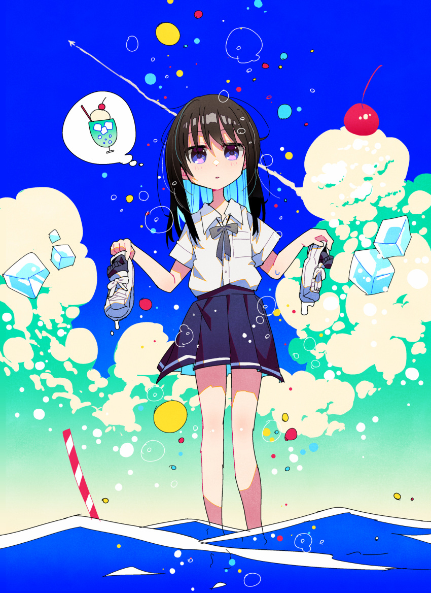 1girl air_bubble bare_legs black_ribbon black_skirt blue_background blue_hair blush breast_pocket brown_hair bubble buttons cherry collared_shirt colored_inner_hair dot_nose drinking_straw food fruit full_body hair_between_eyes higashi_(azm) highres holding holding_shoes ice ice_cream ice_cube long_bangs long_hair looking_at_viewer miniskirt multicolored_hair neck_ribbon original parted_lips pleated_skirt pocket purple_eyes ribbon school_uniform shirt shirt_tucked_in shoes shoes_removed short_sleeves sidelocks skirt solo sundae sweatdrop thighs thought_bubble wading water white_footwear white_shirt wing_collar
