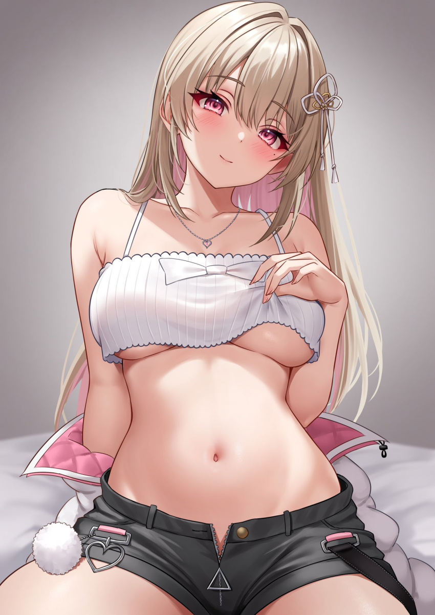 1girl armpit_crease ayaginu_temari bare_arms bare_shoulders black_shorts blush breasts brown_hair camisole closed_mouth colored_inner_hair crop_top crop_top_overhang flower_knot hair_ribbon hand_up head_tilt highres holika_baby isekai_tensei_shite_v_ni_narimashita jacket jewelry large_breasts lifted_by_self long_hair looking_at_viewer midriff mole mole_under_eye multicolored_hair naughty_face navel necklace no_bra off_shoulder open_fly pink_eyes ribbed_shirt ribbon shirt short_shorts shorts sitting sleeveless sleeveless_shirt smile solo spaghetti_strap stomach two-sided_fabric underboob virtual_youtuber white_jacket white_shirt