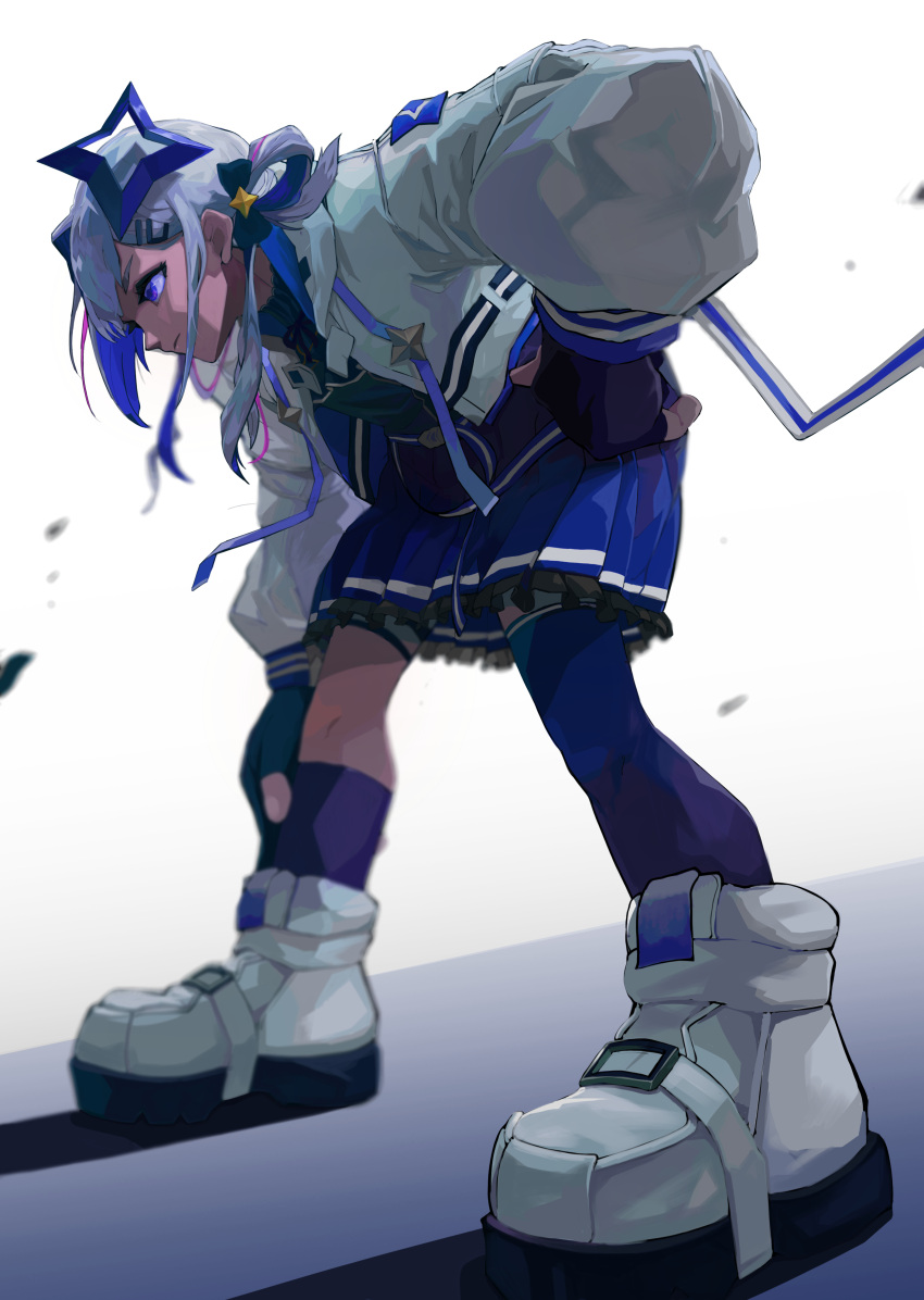 1girl absurdres amane_kanata amane_kanata_(3rd_costume) asymmetrical_legwear belt black_dress black_gloves blue_belt blue_hair blue_halo blue_thighhighs colored_inner_hair commentary_request determined dress frilled_dress frills gloves gradient_dress grey_hair hair_ornament hair_rings hairclip halo hand_on_own_leg highres hololive jacket kneehighs leaning_forward long_hair long_sleeves looking_afar looking_ahead low_twintails mato_(target5260) multicolored_hair official_alternate_costume official_alternate_hairstyle partially_fingerless_gloves pink_hair pleated_dress puffy_long_sleeves puffy_sleeves purple_eyes shoes short_dress single_hair_intake single_kneehigh single_sock single_thighhigh sleeveless sleeveless_dress sneakers socks solo star_halo streaked_hair thighhighs twintails uneven_legwear v-shaped_eyebrows virtual_youtuber white_footwear white_jacket