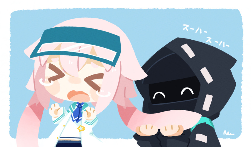 &gt;_&lt; 1boy 1other ambiguous_gender animal_ears ansel_(arknights) ansel_(casual_vacation)_(arknights) arknights blue_background blue_headwear blush border chibi commentary_request doctor_(arknights) jacket long_sleeves nuu_(nu-nyu) official_alternate_costume open_mouth outside_border pink_hair rabbit_boy rabbit_ears tears visor_cap white_border white_jacket