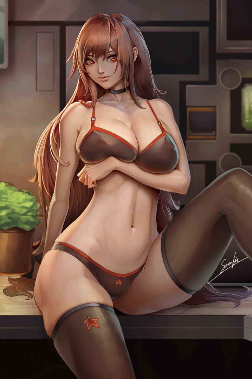 black_bra black_panties black_thighhighs bra breast_lift breasts choker cleavage covered_nipples desk goddess_of_victory:_nikke highres large_breasts leg_up lips long_hair looking_at_viewer navel on_desk panties rapi_(nikke) sirenlin sitting sitting_on_desk thighhighs thighs toned underwear