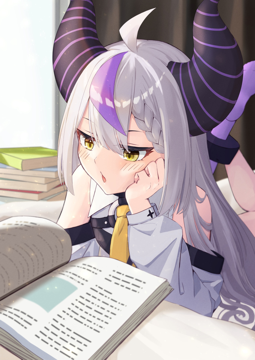 1girl absurdres ahoge ankle_cuffs ascot bare_shoulders black_horns book braid braided_bangs detached_sleeves grey_hair hand_on_own_face highres hololive horns la+_darknesss la+_darknesss_(1st_costume) long_hair mrrappgreen multicolored_hair pointy_ears purple_hair reading streaked_hair striped_horns virtual_youtuber yellow_ascot