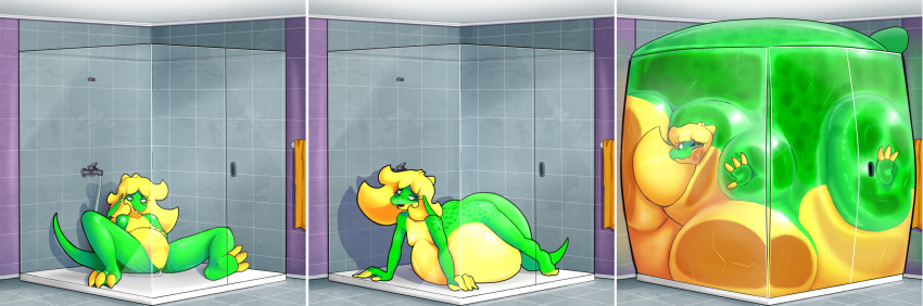 absurd_res anthro belly big_belly big_breasts big_butt blonde_hair breasts butt cramped female green_body green_eyes hair hi_res hose_in_butt hose_in_pussy hose_inflation huge_breasts huge_butt hyper hyper_belly hyper_breasts hyper_butt immobile inflation lazygartuz liquid_inflation multicolored_body nude open_mouth rocio_(lazygartuz) scalie shower smile solo tail unknown_species water_inflation yellow_body