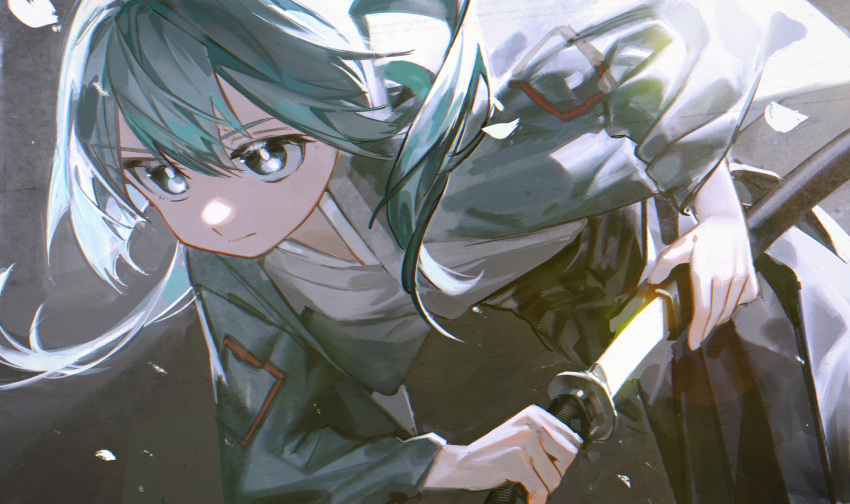 1girl alternate_costume backlighting battou_(vocaloid) black_hakama blue_eyes blue_hair bright_pupils closed_mouth commentary_request cowboy_shot drawing_sword dutch_angle falling_petals floating_hair grey_background grey_kimono hakama haori hatsune_miku highres holding holding_sheath holding_sword holding_weapon inemuri_(jdq5e) japanese_clothes katana kimono leaning_forward long_hair long_sleeves looking_ahead petals sanpaku serious sheath solo sword thick_eyelashes twintails unsheathing v-shaped_eyebrows vocaloid weapon white_petals white_pupils