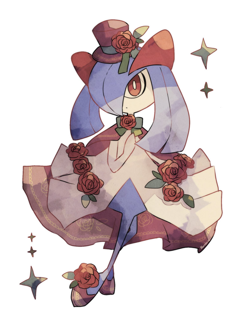 alternate_color animal_focus ballet_slippers cape dot_mouth flower hanabusaoekaki hat highres kirlia no_humans pokemon pokemon_(creature) red_cape red_eyes red_flower red_footwear red_headwear red_rose rose shiny_pokemon simple_background solo sparkle top_hat white_background