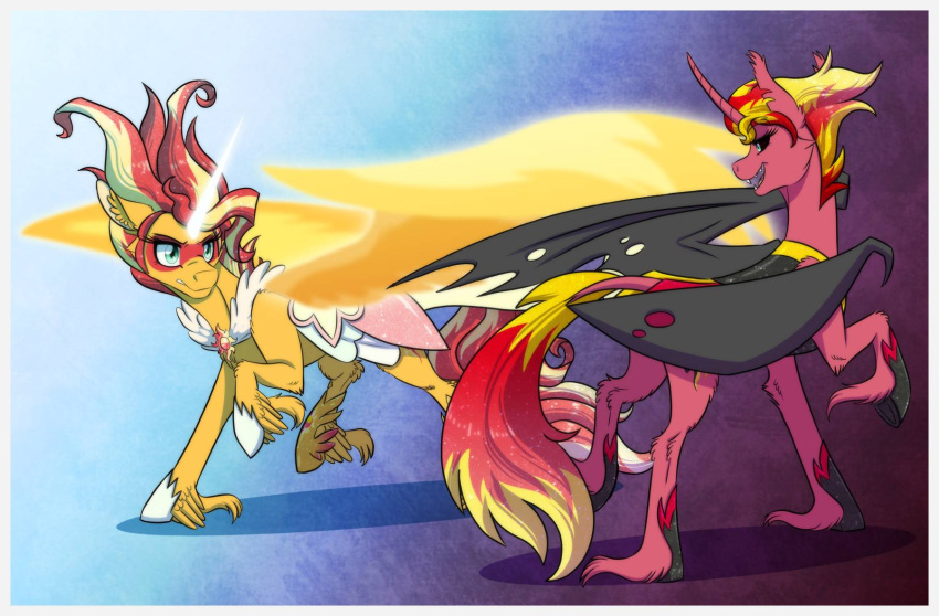 black_sclera blue_eyes clothing daydream_shimmer_(eg) equestria_girls equid equine ethereal_horn ethereal_wings hasbro hi_res horn inuhoshi-to-darkpen mammal membrane_(anatomy) membranous_wings my_little_pony sunset_shimmer_(eg) winged_unicorn wings