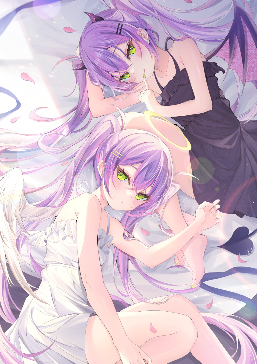 2girls :q absurdres angel angel_and_devil angel_wings bare_arms bare_shoulders barefoot bed_sheet black_dress blush closed_mouth commentary demon_girl demon_horns demon_tail demon_wings dress dual_persona ear_piercing feet feet_out_of_frame finger_to_mouth green_eyes hair_ornament hairclip halo highres hololive horns legs long_hair looking_at_viewer lying multicolored_hair multicolored_nails multiple_girls nail_polish on_side parted_lips petals piercing pink_hair pink_nails purple_hair ririge soles streaked_hair tail tail_ornament tail_piercing toe_scrunch toenail_polish toenails toes tokoyami_towa tongue tongue_out twintails very_long_hair virtual_youtuber white_dress white_wings wings yellow_nails