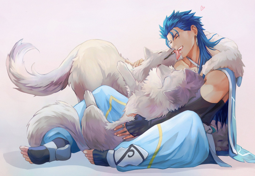 1boy animal_hug black_footwear black_gloves blue_hair blue_pants closed_eyes collarbone cu_chulainn_(caster)_(fate) cu_chulainn_(fate) earrings elbow_gloves english_commentary fate/grand_order fate_(series) fur_trim gloves gravesecrets highres jewelry licking licking_another's_face male_focus mature_male open_mouth pants ring sharp_teeth simple_background solo teeth toeless_footwear white_background white_wolf wolf