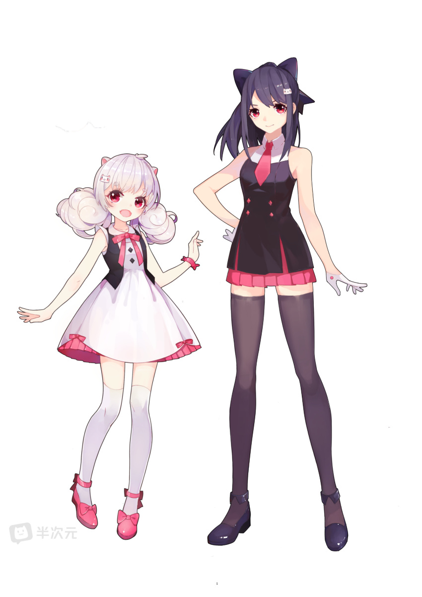 2girls :d animal_ears ankle_bow anklet bare_arms bare_shoulders bcy black_bow black_footwear black_hair black_shirt black_thighhighs black_vest bow bracelet cat_ears cat_hair_ornament closed_mouth collared_dress collared_shirt copyright_name dress dress_bow full_body gloves hair_bow hair_ornament hand_on_own_hip hand_up highres jewelry knees_together_feet_apart layered_dress legs_apart logo looking_at_viewer low_twintails medium_hair miao_jiujiu miniskirt multiple_girls neck_ribbon necktie official_art open_clothes open_vest pigeon-toed pink_bow pink_footwear pink_necktie pink_ribbon pink_skirt pleated_skirt ponytail red_eyes ribbon ruan_miemie shirt skirt sleeveless sleeveless_dress sleeveless_shirt smile standing tachi-e thighhighs transparent_background twintails vest white_dress white_gloves white_hair white_thighhighs zettai_ryouiki