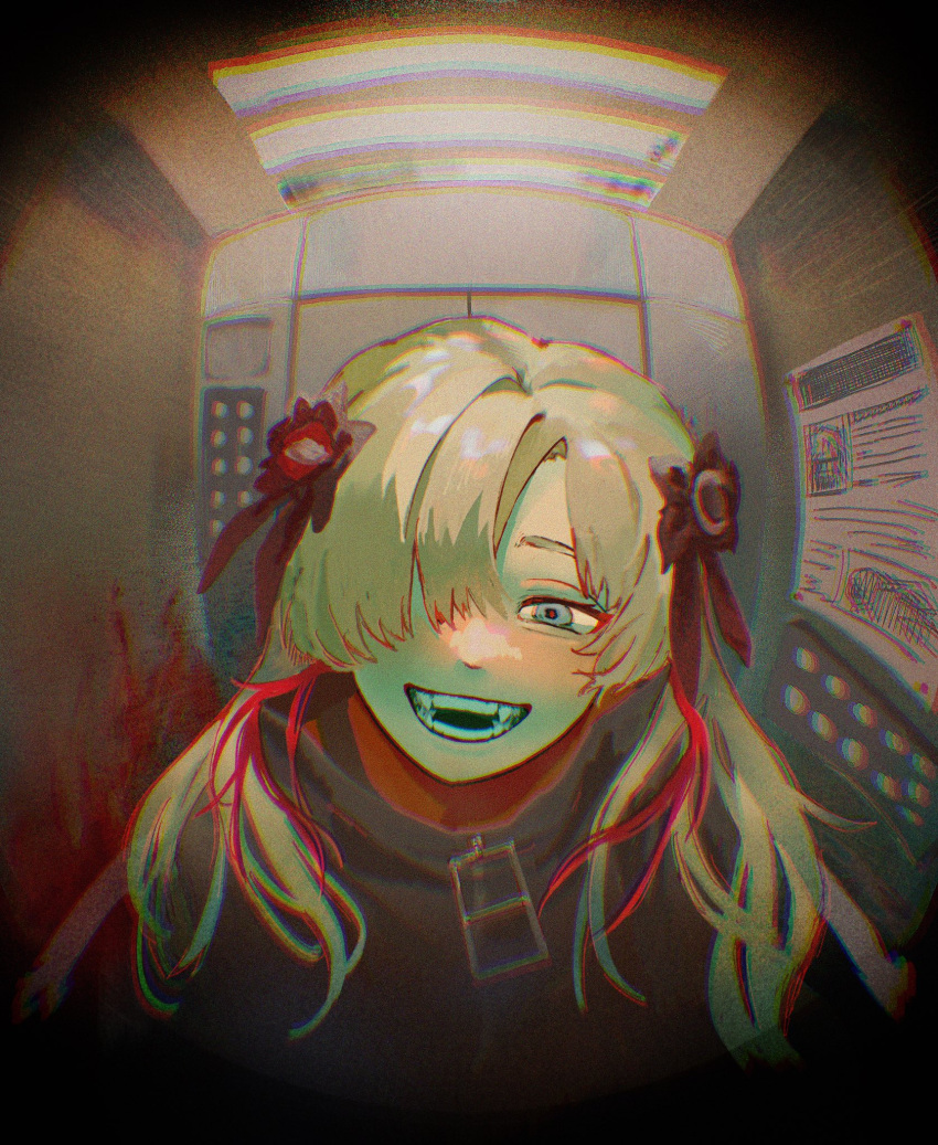 1girl black_coat black_flower blonde_hair blood_on_wall blush ceiling_light coat commentary_request elevator fangs fisheye flower grey_eyes hair_flower hair_ornament hair_over_one_eye head_tilt high_collar highres indoors isekai_joucho kamitsubaki_studio leaning_forward long_hair looking_at_viewer multicolored_hair one_eye_covered open_mouth red_hair red_pupils smile solo streaked_hair ume_(ume_xxoo) upper_body vignetting virtual_youtuber zipper_pull_tab