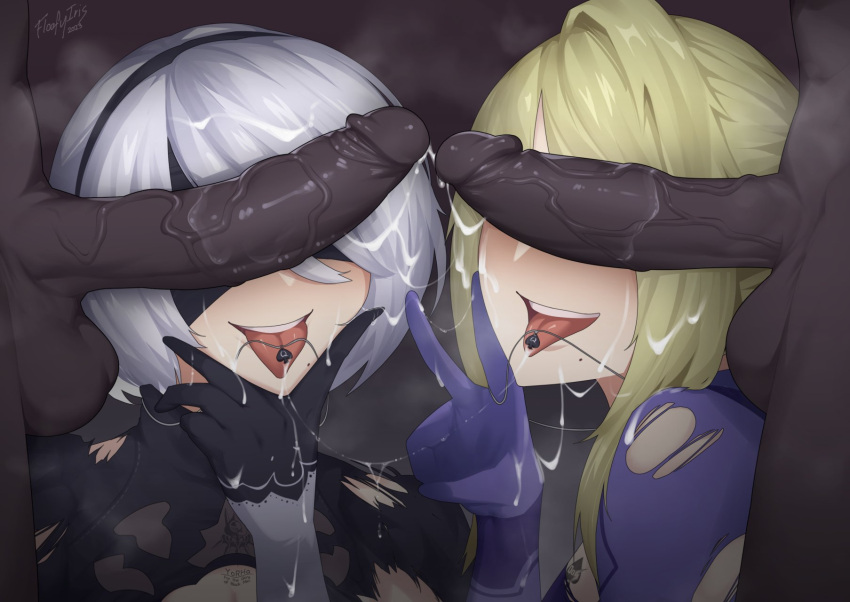 2b_(nier:automata) 2boys 2girls black_blindfold black_gloves black_hairband blindfold blonde_hair blue_bodysuit bodysuit breast_tattoo breath commission cum cum_on_hair dark-skinned_male dark_penis dark_skin english_commentary facial gloves hairband hetero highres interracial iris_ffxiv jewelry large_penis long_hair metroid mole mole_under_mouth multiple_boys multiple_girls nier:automata nier_(series) open_mouth pendant penis penis_on_face penis_over_eyes queen_of_spades_symbol saliva saliva_trail samus_aran short_hair signature spade_tattoo tattoo teeth testicles tongue tongue_out torn_bodysuit torn_clothes upper_teeth_only v veins veiny_penis very_dark_skin white_hair