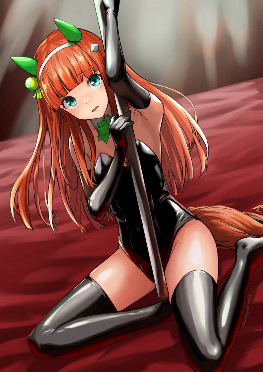 1girl alternate_costume animal_ears black_gloves black_leotard black_thighhighs blue_eyes blunt_bangs bow bowtie commentary_request detached_collar ear_covers elbow_gloves gloves green_bow green_bowtie hairband highres horse_ears horse_girl horse_tail leotard long_hair looking_at_viewer orange_hair pole silence_suzuka_(umamusume) sitting solo tail thighhighs umamusume umibudou