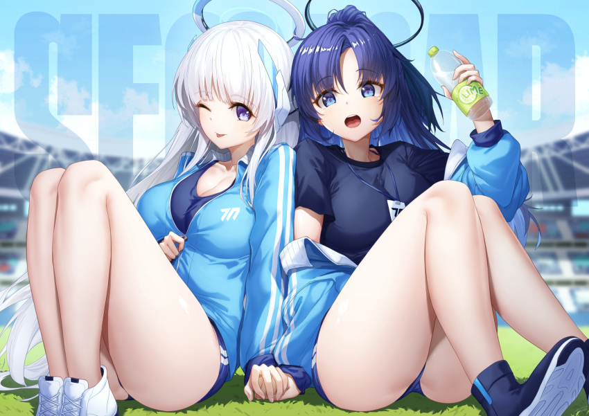 2girls :p ass blue_archive blue_eyes blue_footwear blue_hair blue_track_suit bottle breasts grey_hair gym_shorts halo highres holding holding_bottle holding_hands large_breasts long_hair long_sleeves looking_at_viewer mechanical_halo multiple_girls noa_(blue_archive) official_alternate_costume one_eye_closed open_mouth partially_unzipped purple_eyes shorts thighs tongue tongue_out very_long_hair water_bottle white_footwear white_hair xfate yuuka_(blue_archive)