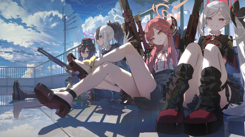 4girls aru_(blue_archive) bare_legs black_hair blue_archive boots cloud cloudy_sky commentary_request crossed_legs day demon_horns ear_piercing garrison_cap grey_hair grin gun halo haruka_(blue_archive) hat highres holding holding_gun holding_weapon horns kayoko_(blue_archive) kieed knees_up long_hair looking_at_viewer multicolored_hair multiple_girls mutsuki_(blue_archive) neck_ribbon pencil_skirt piercing pink_hair ponytail problem_solver_68_(blue_archive) purple_eyes purple_hair railing red_eyes ribbon rifle rooftop shoes shotgun side_ponytail sitting skirt sky smile sniper_rifle streaked_hair thigh_strap utility_pole very_long_hair weapon yellow_eyes