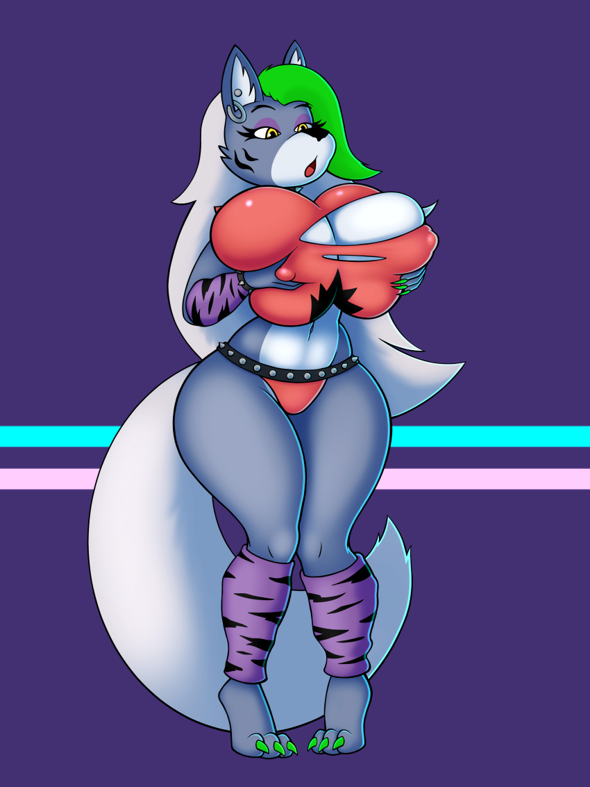 absurd_res anthro arm_warmers armband armwear belly big_breasts big_butt bracelet breast_grab breasts butt canid canine canis clothing ear_piercing ear_ring female five_nights_at_freddy's five_nights_at_freddy's:_security_breach green_hair hair hand_on_breast hi_res holding_breast huge_breasts jewelry leg_warmers legwear long_hair mammal navel nipple_outline open_mouth piercing raki_boi ring_piercing roxanne_wolf_(fnaf) scottgames solo spiked_armband spiked_bracelet spikes standing steel_wool_studios surprised_expression tail thick_thighs wardrobe_malfunction wide_hips wolf