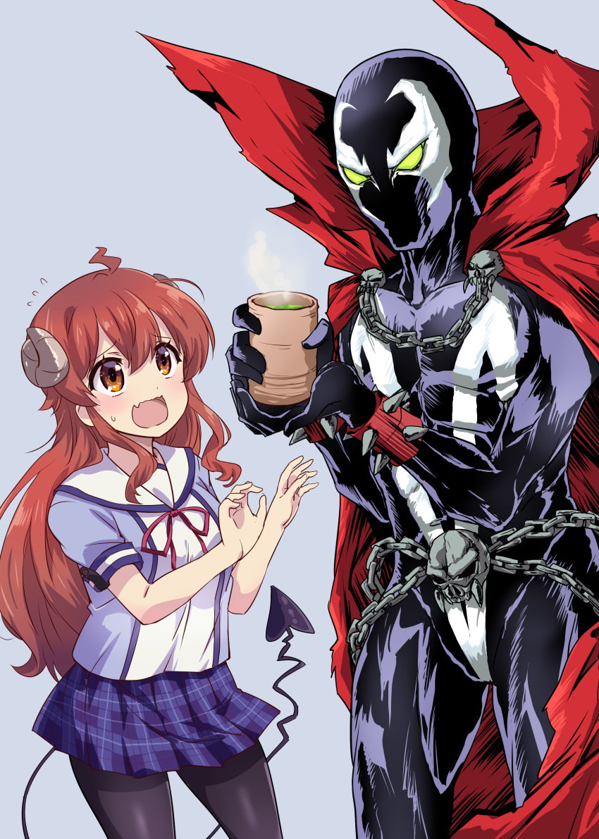 absurdres ahoge black_pantyhose bodysuit brown_eyes cape chain crossover cup curled_horns demon_girl demon_horns demon_tail green_eyes highres holding holding_cup horns machikado_mazoku mask mukaibi_aoi nervous pantyhose plaid plaid_skirt red_cape skirt spawn spawn_(spawn) tail yoshida_yuuko_(machikado_mazoku)