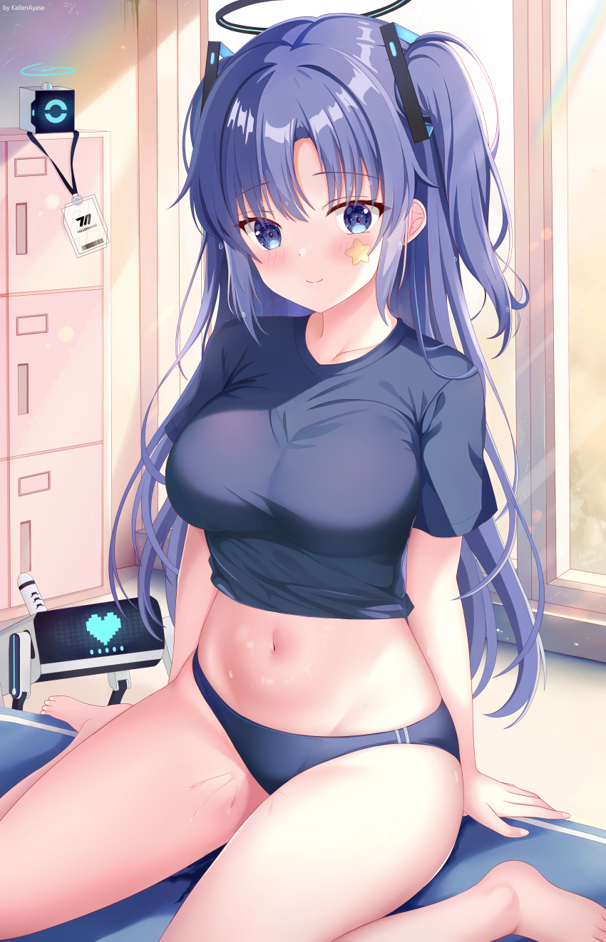 1girl absurdres artist_name barefoot black_shirt blue_archive blue_buruma blue_eyes blue_hair blush breasts buruma chinese_commentary closed_mouth commentary_request cropped_shirt facial_mark groin gym_uniform hair_ornament halo heart highres id_card indoors kallen_ayase lanyard long_hair looking_at_viewer medium_breasts midriff monitor navel shirt short_sleeves sitting smile solo star_(symbol) sunlight sweat t-shirt two_side_up wariza window yuuka_(blue_archive)