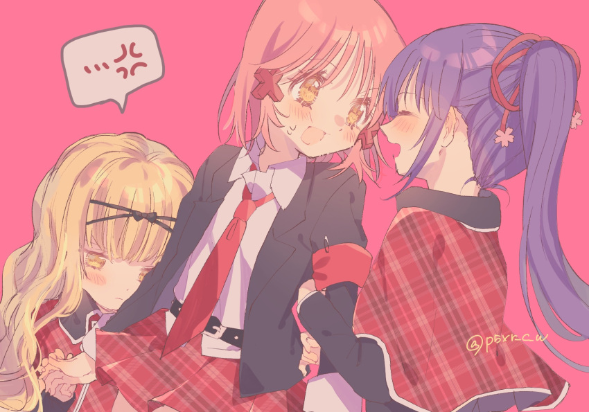 1boy 2girls anger_vein black_jacket blazer blonde_hair blush capelet closed_eyes closed_mouth collared_shirt double_arm_hug fujisaki_nadeshiko highres hinamori_amu jacket jealous long_sleeves mashiro_rima multiple_girls mutsuki_(fujisakike) necktie otoko_no_ko pink_background pink_hair purple_hair red_armband red_capelet red_necktie red_skirt school_uniform seiyo_academy_school_uniform shirt shugo_chara! skirt twitter_username white_hair yellow_eyes