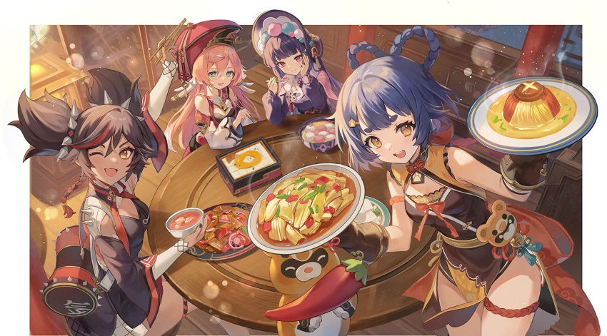 4girls aqua_eyes black_hair blue_hair bow-shaped_hair chopsticks closed_mouth fang food genshin_impact guoba_(genshin_impact) hair_ornament holding holding_chopsticks holding_plate horns long_hair multiple_girls open_mouth pink_hair plate purple_footwear purple_hair red_eyes red_footwear short_hair smile teeth thick_eyebrows twintails upper_teeth_only xiangling_(genshin_impact) xinyan_(genshin_impact) yanfei_(genshin_impact) yellow_eyes yeonwa yun_jin_(genshin_impact)