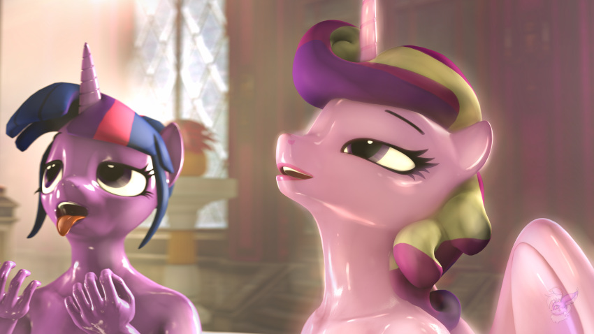 16:9 3d_(artwork) 4k absurd_res ahegao anthro canid canine digital_media_(artwork) duo equid equine female friendship_is_magic hasbro hi_res hornyforest horse looking_pleasured mammal my_little_pony nude open_mouth pony princess_cadance_(mlp) source_filmmaker twilight_sparkle_(mlp) wet wet_body widescreen