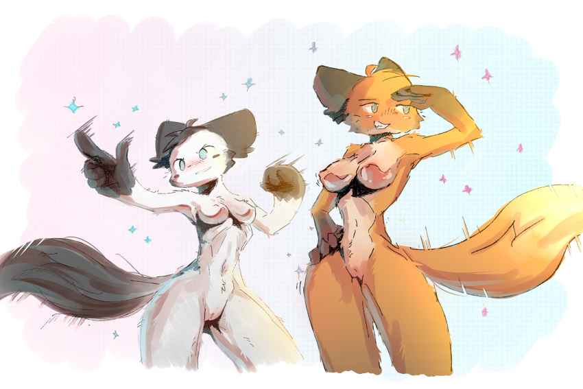 anthro arctic_fox black_ears blush breasts canid canine duo eyebrows fan_character female female/female fist floppy_ears fox fur genitals gesture hand_on_hip hi_res looking_away mammal medium_breasts nude o0o-bittersweet-o0o orange_body orange_fur pointing pussy raised_arm red_fox sketch small_breasts smile standing white_body white_fur