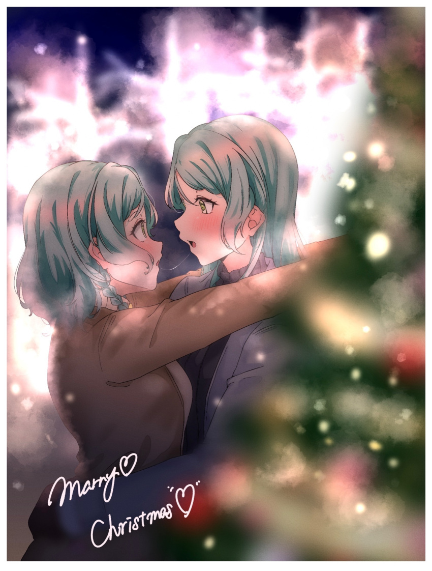 2girls after_kiss aqua_hair arms_around_neck arms_around_waist bang_dream! black_sweater blurry blurry_background blush braid brown_jacket brown_sweater christmas christmas_tree extreme_yuri_buta green_eyes grey_jacket highres hikawa_hina hikawa_sayo incest jacket light_rays long_hair looking_at_another medium_hair merry_christmas multiple_girls saliva saliva_trail siblings sisters sweater turtleneck turtleneck_sweater twincest twins yuri