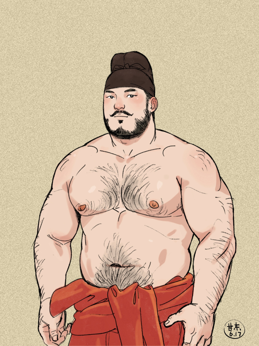 1boy absurdres asian bara beard borrowed_character chinese_clothes cowboy_shot facial_hair gangdong highres large_pectorals looking_at_viewer male_focus mature_male muscular muscular_male mustache navel navel_hair nipples original pectorals solo stomach strongman_waist thick_eyebrows topless_male